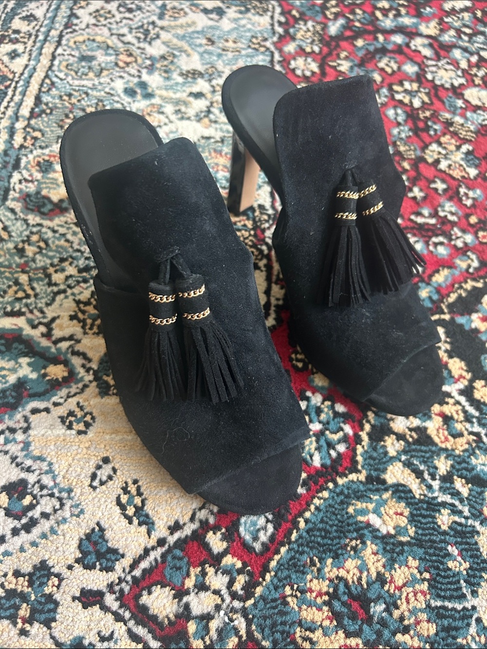 Karl Lagerfeld Black Suede Tassel Mule Heels - Women's Slide Pumps